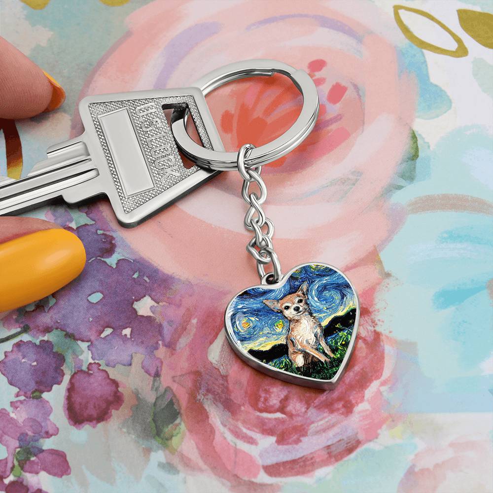 Chihuahua Starry Night Heart Keychain