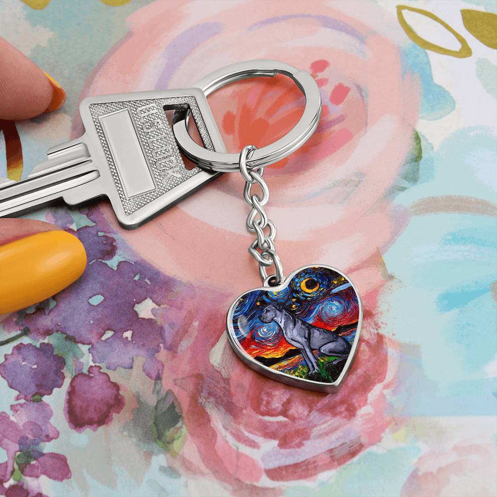 Blue Great Dane Starry Night Heart Keychain