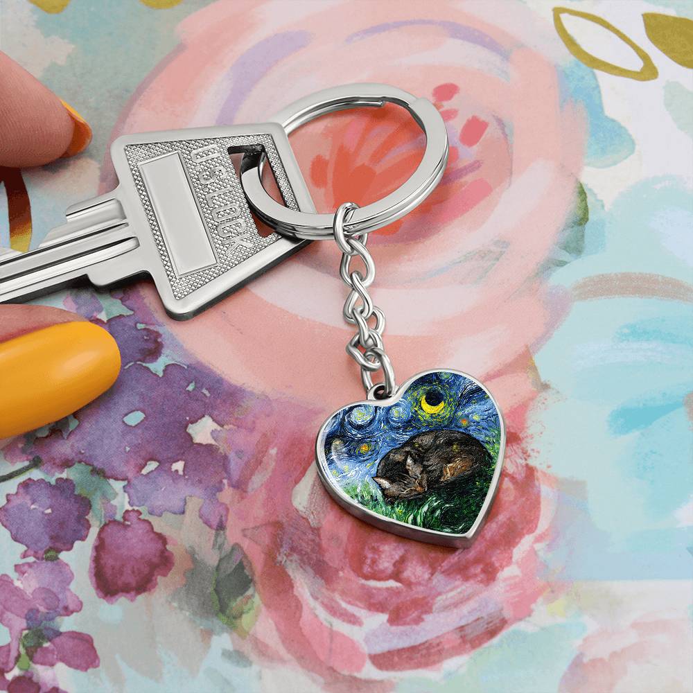 Sleeping Brown Tabby Starry Night Heart Keychain