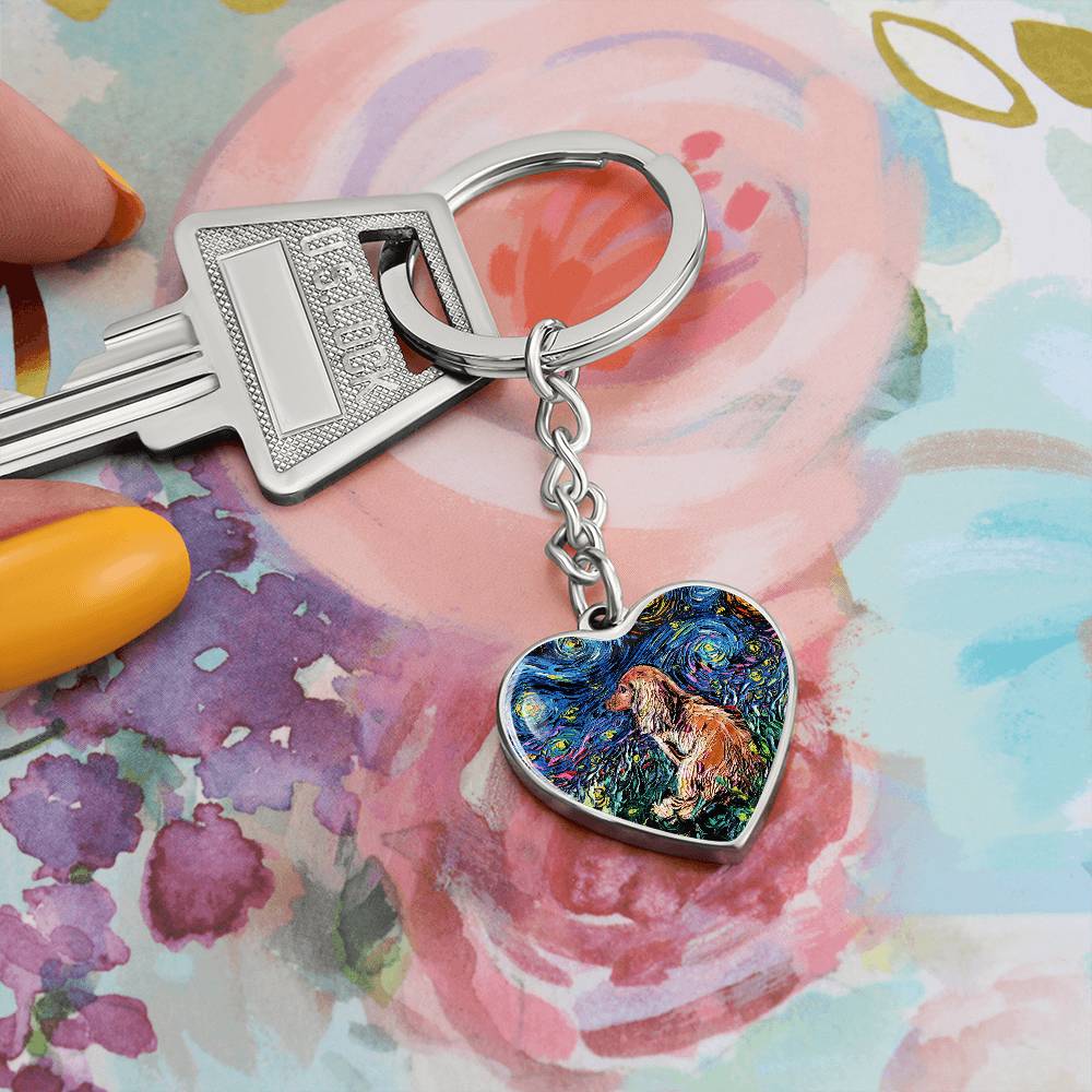 Long Hair Brown Dachshund Starry Night Heart Keychain