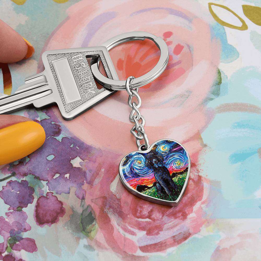 Black Poodle Starry Night Heart Keychain