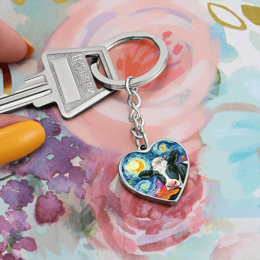 Holstein Cow Starry Night Heart Keychain