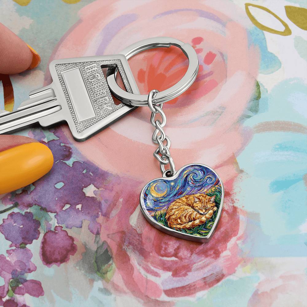Sleepy Orange Tabby Night Heart Keychain