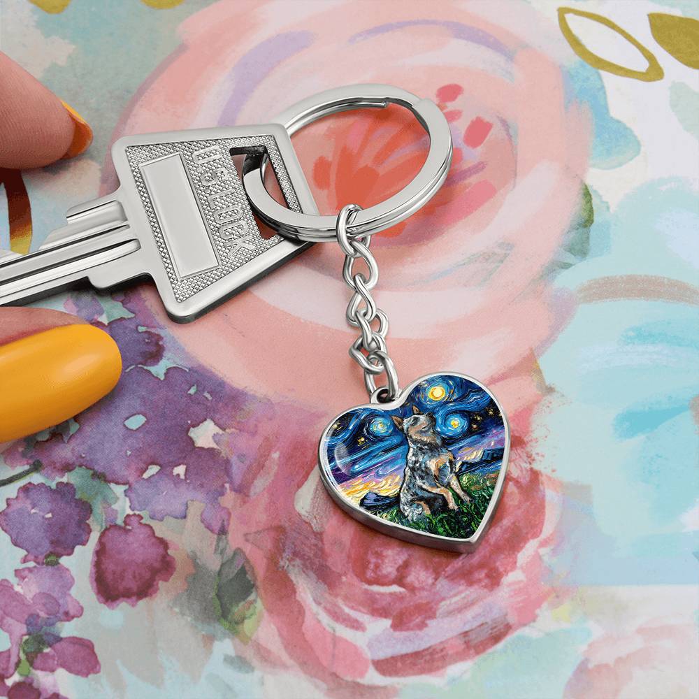 Blue Heeler Starry Night Heart Keychain