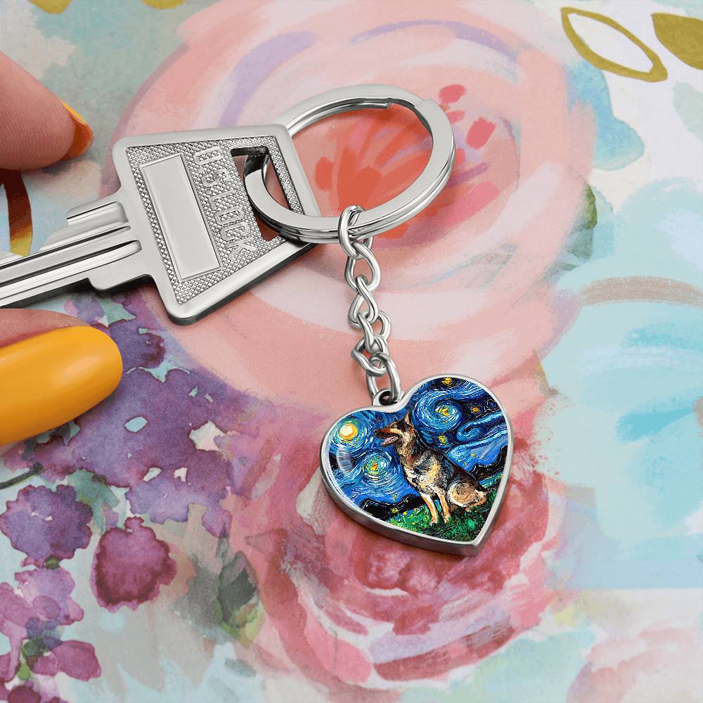 German Shepherd Starry Night Heart Keychain