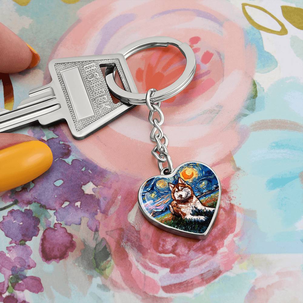 Red Husky Starry Night Heart Keychain