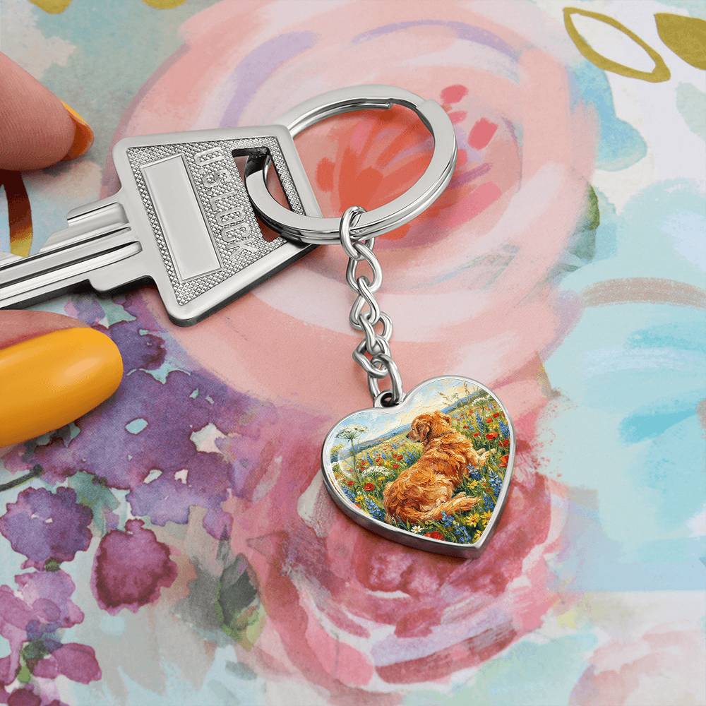 Amongst The Flowers - Golden Retriever Heart Keychain