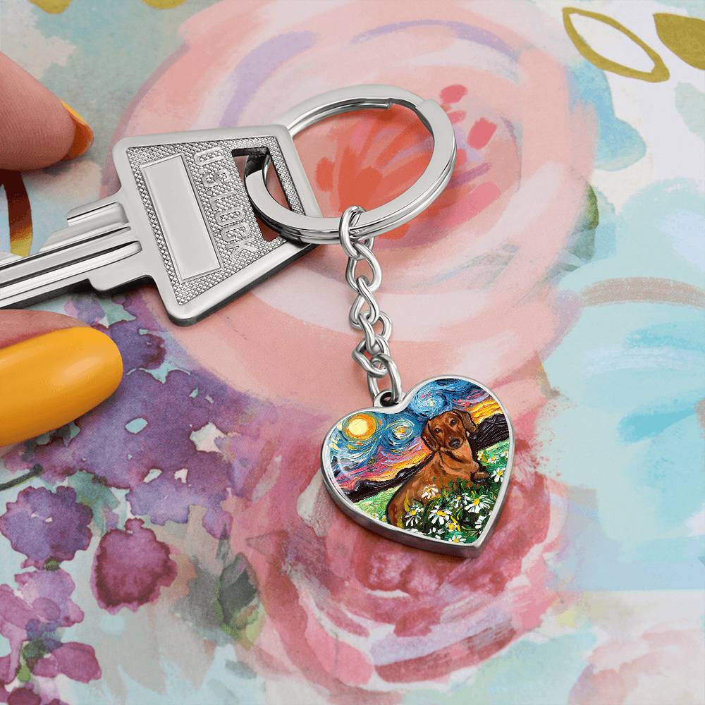 Brown Dachshund and Flowers Starry Night Heart Keychain
