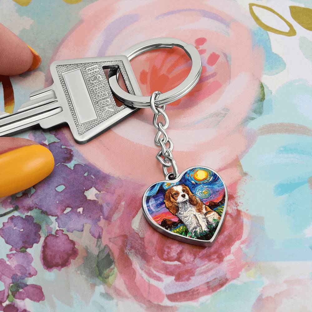 Blenheim Spaniel Starry Night Heart Keychain