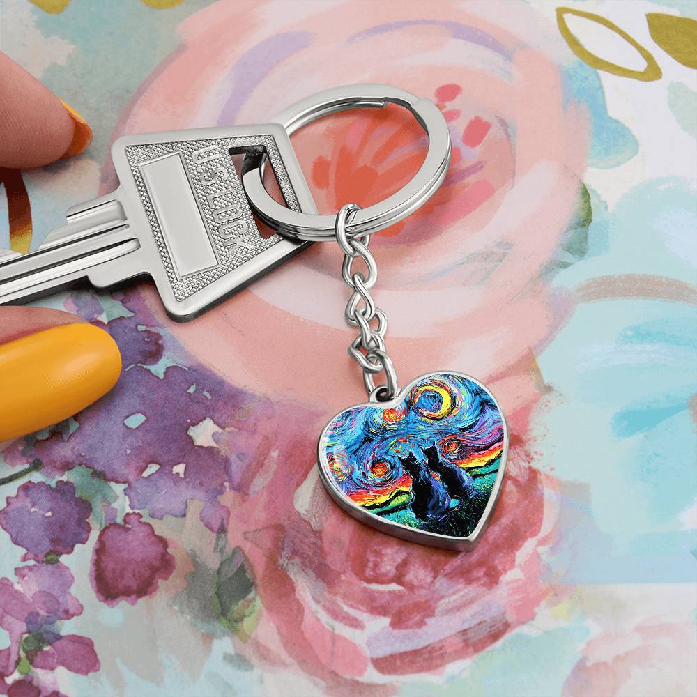 Van Gogh;s Cats Starry Night Heart Keychain