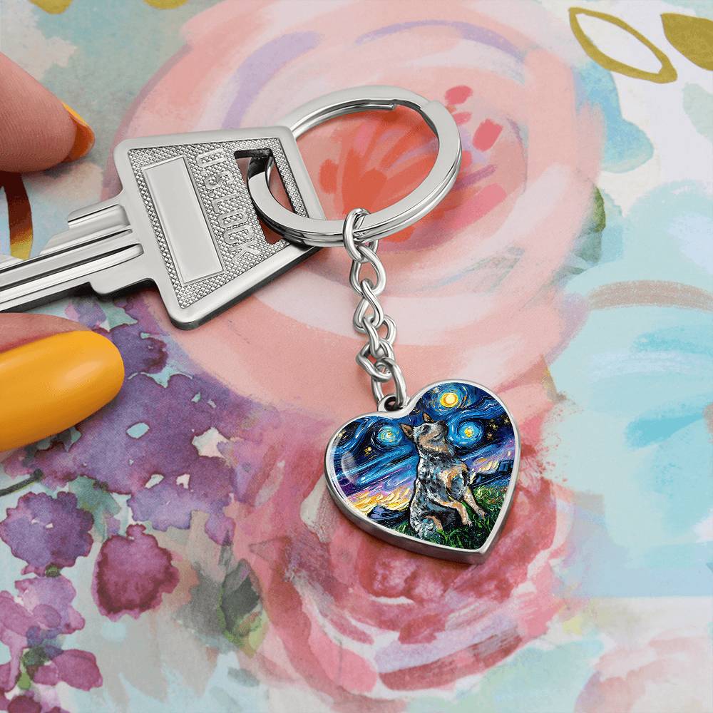 Blue Heeler Starry Night Heart Keychain