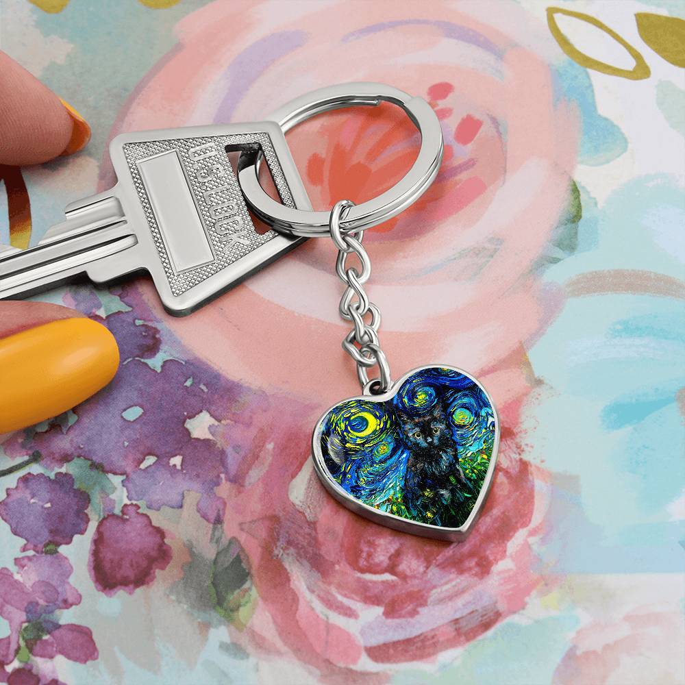 Black Cat Starry Night Heart Keychain