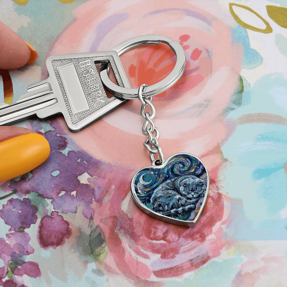 Sleepy Scottish Fold Night Heart Keychain