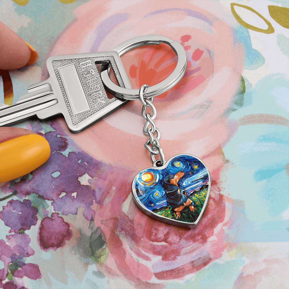 Black and Tan Dachshund Starry Night Heart Keychain