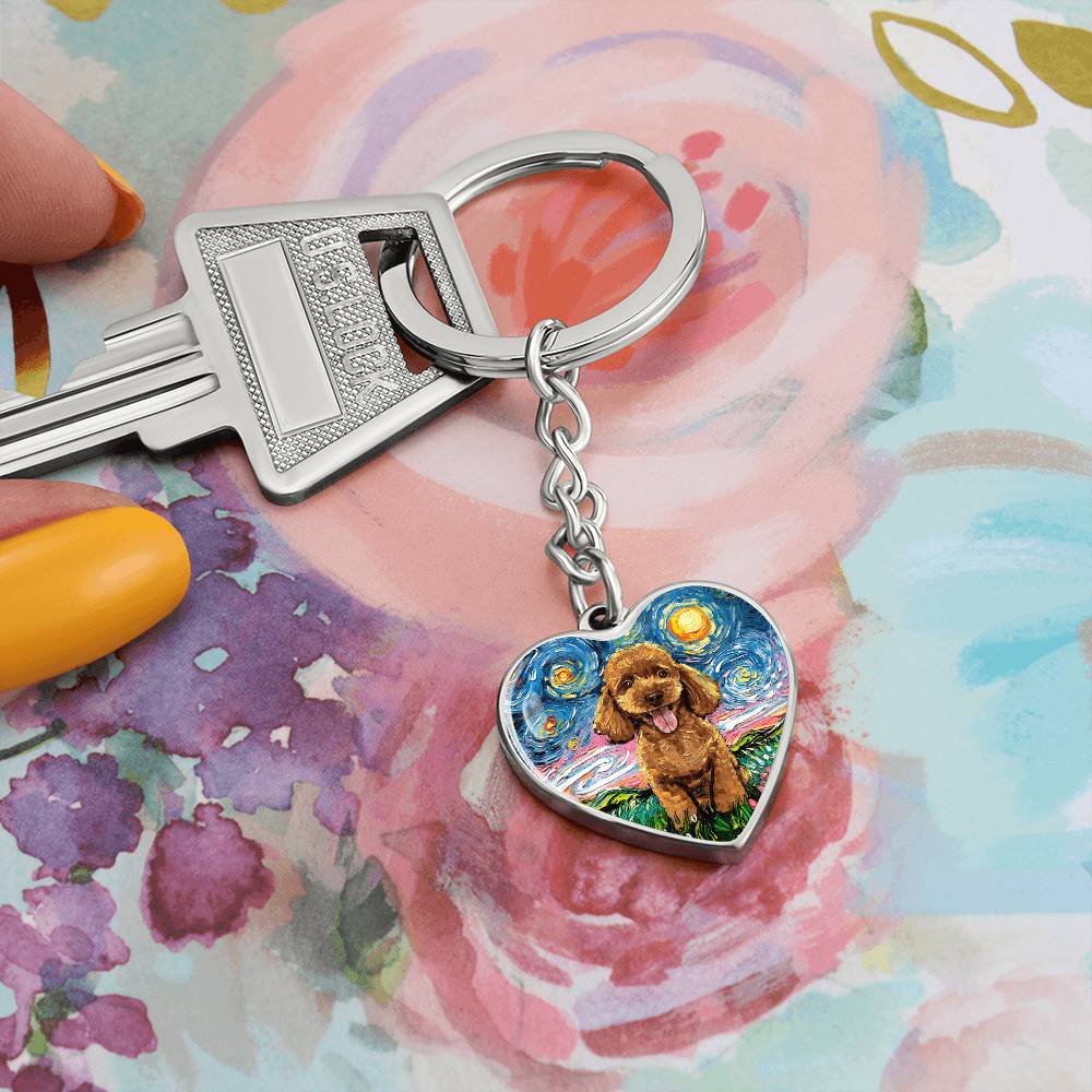 Apricot Poodle Puppy Starry Night Heart Keychain