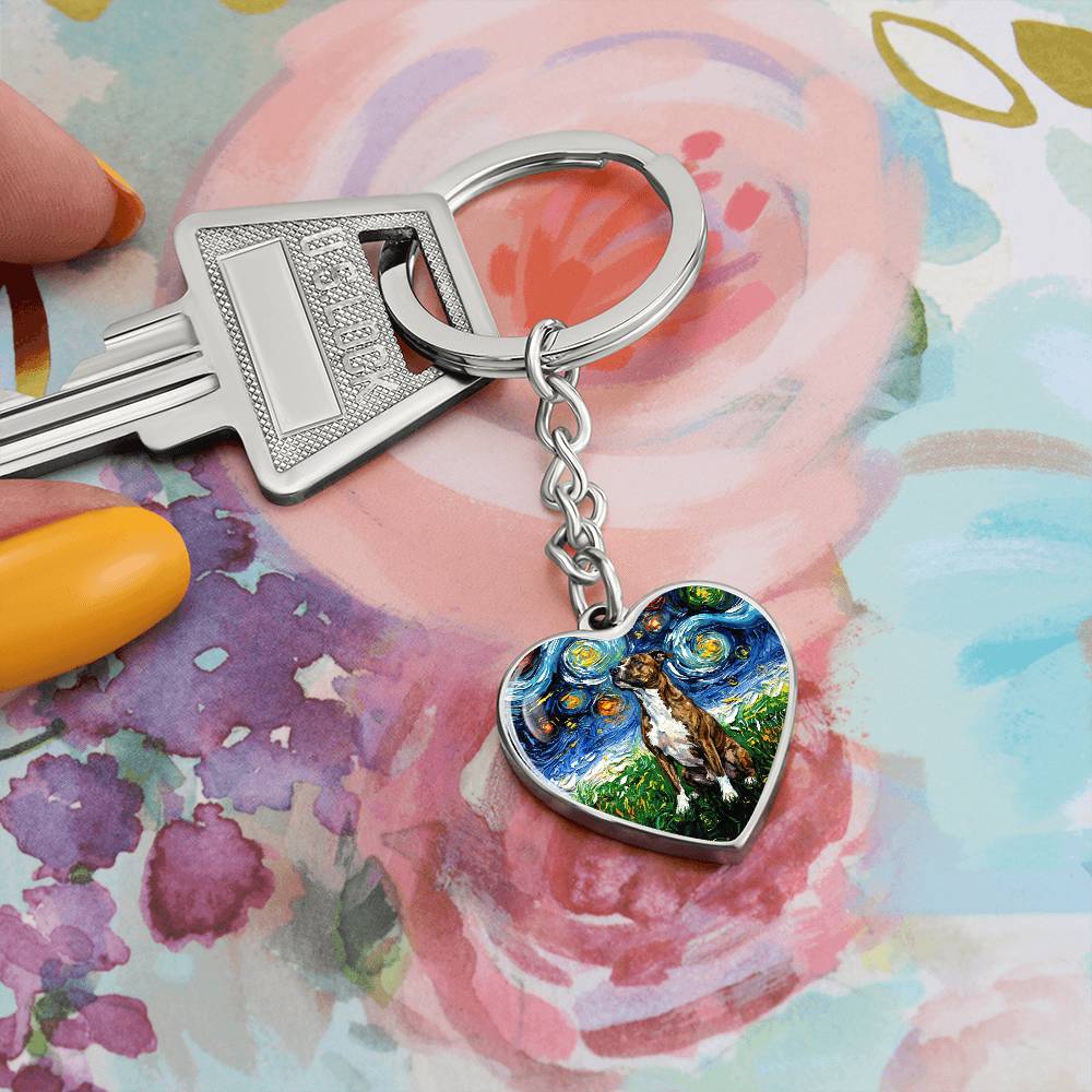 Staffordshire Bull Terrier Starry Night Heart Keychain
