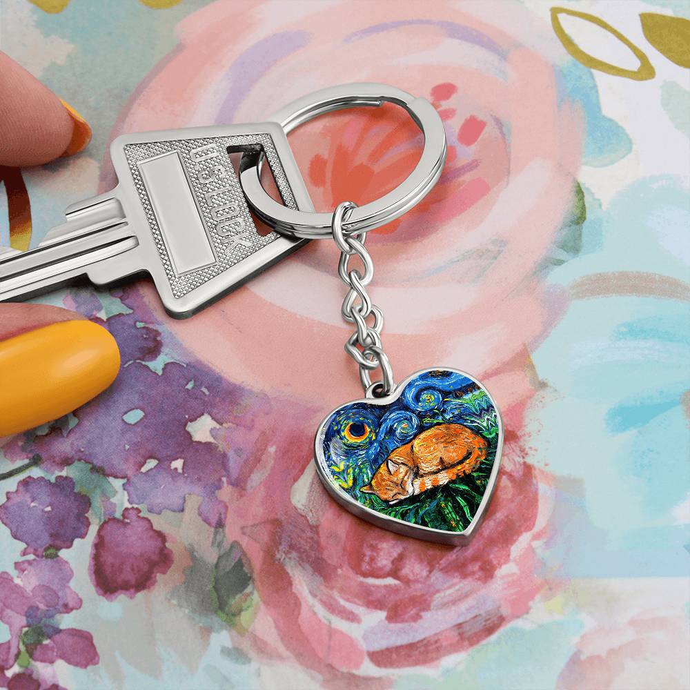Sleeping Orange Tabby Cat Starry Night Heart Keychain