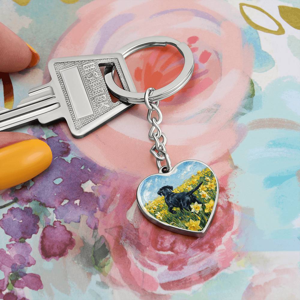 Amongst The Flowers - Black Labrador Heart Keychain