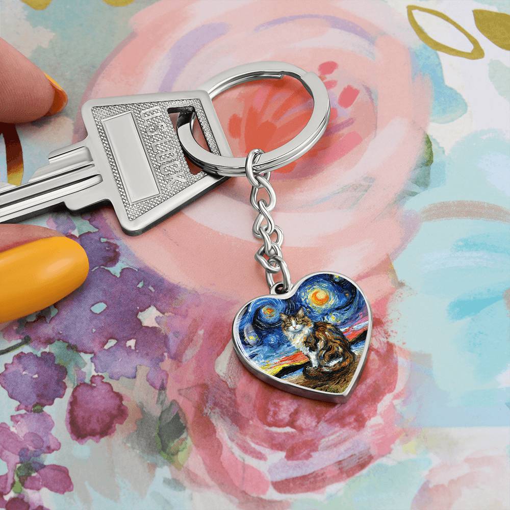 Calico Cat 2 Starry Night Heart Keychain