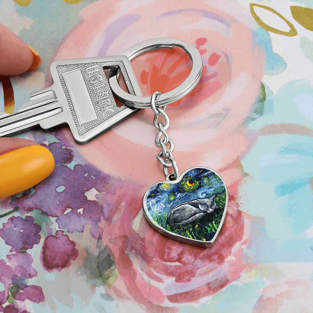 Russian Blue Cat Starry Night Heart Keychain