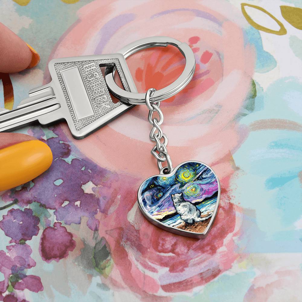White Cat Night 2 Starry Night Heart Keychain