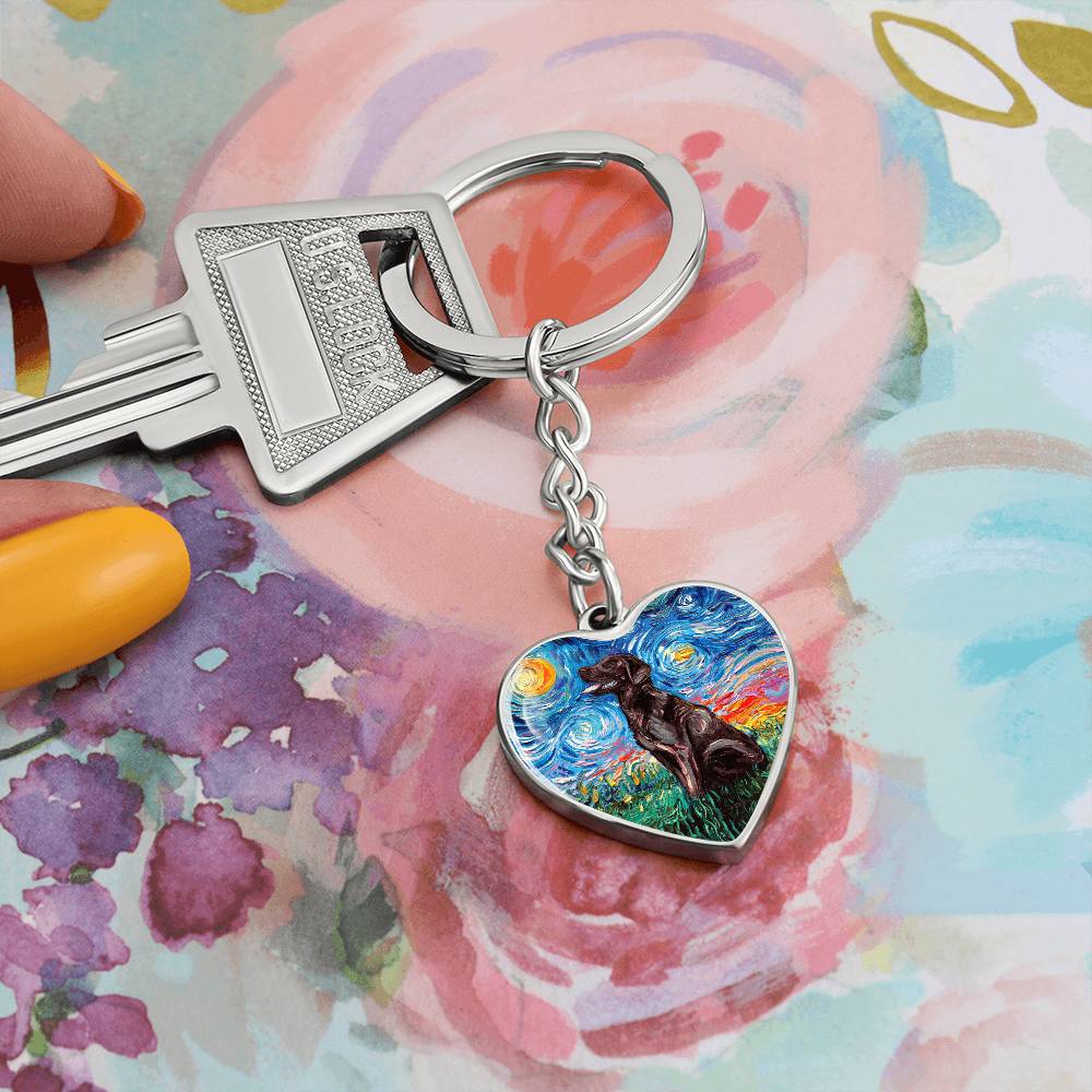Chocolate Labrador Starry Night Heart Keychain
