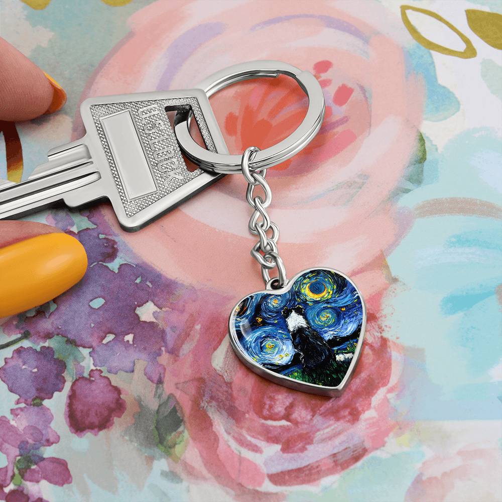 Border Collie Starry Night Heart Keychain
