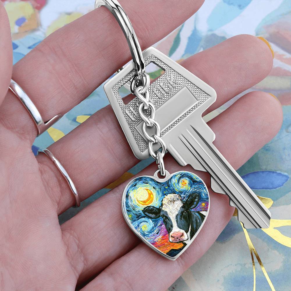 Holstein Cow Starry Night Heart Keychain