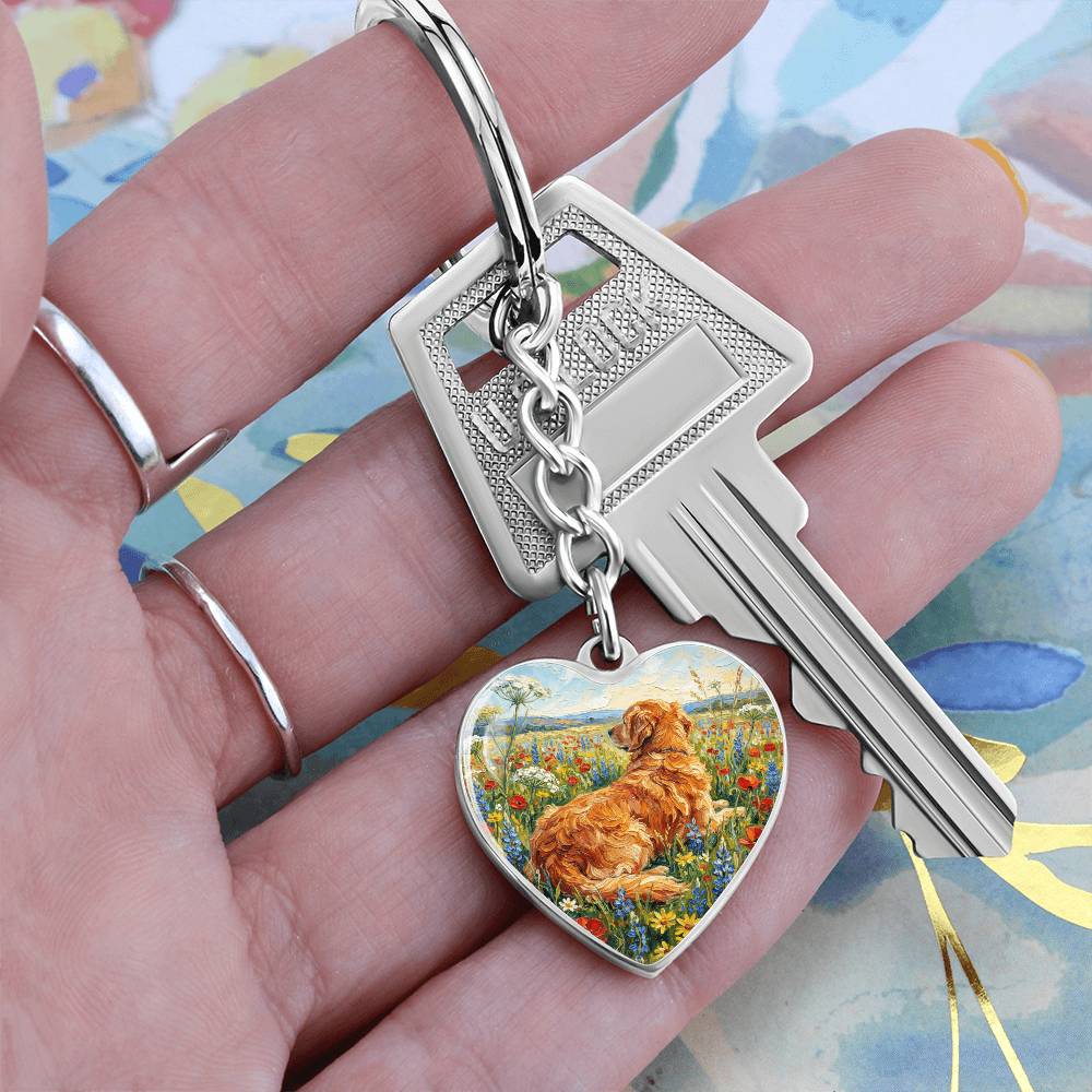 Amongst The Flowers - Golden Retriever Heart Keychain