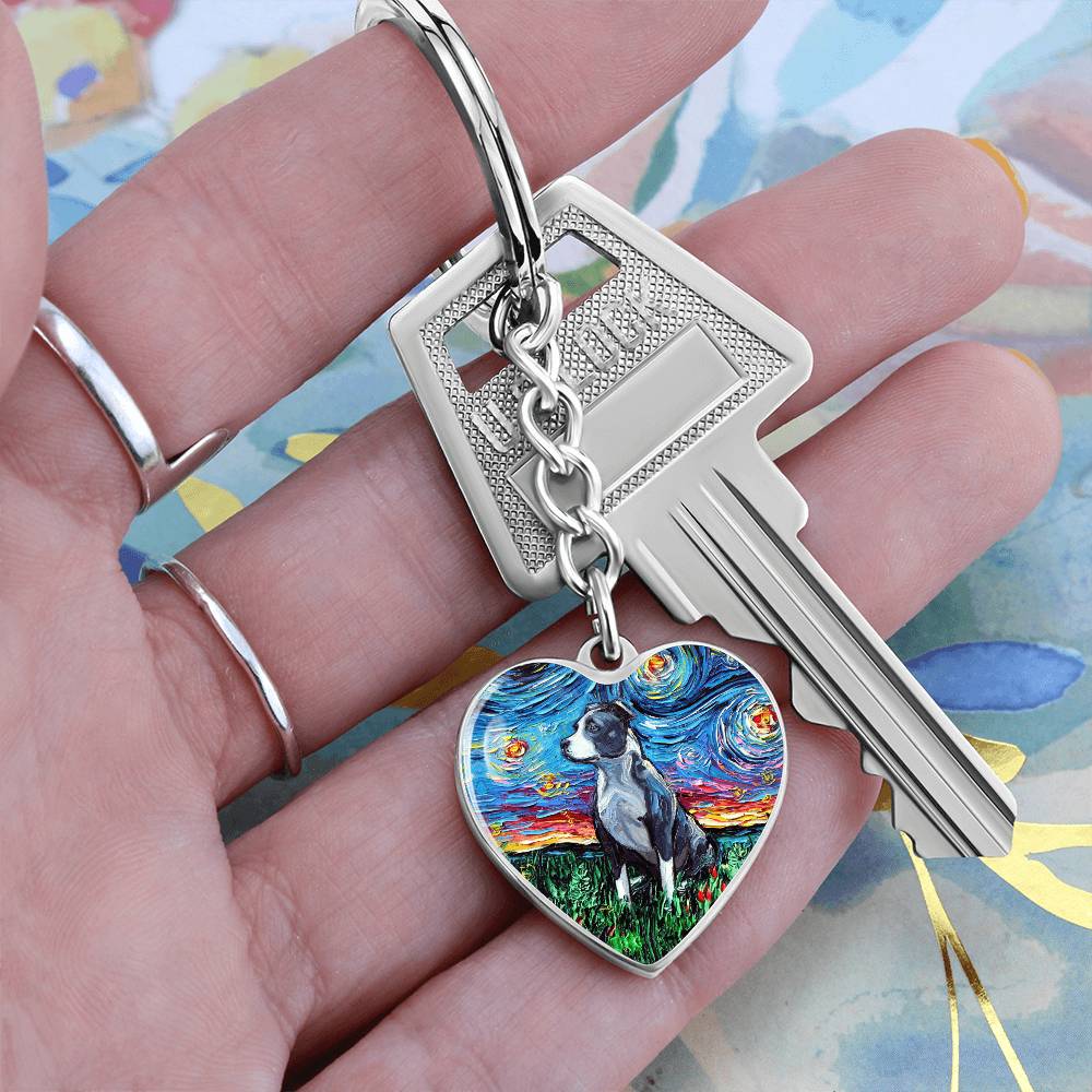 Pit Bull Starry Night Heart Keychain