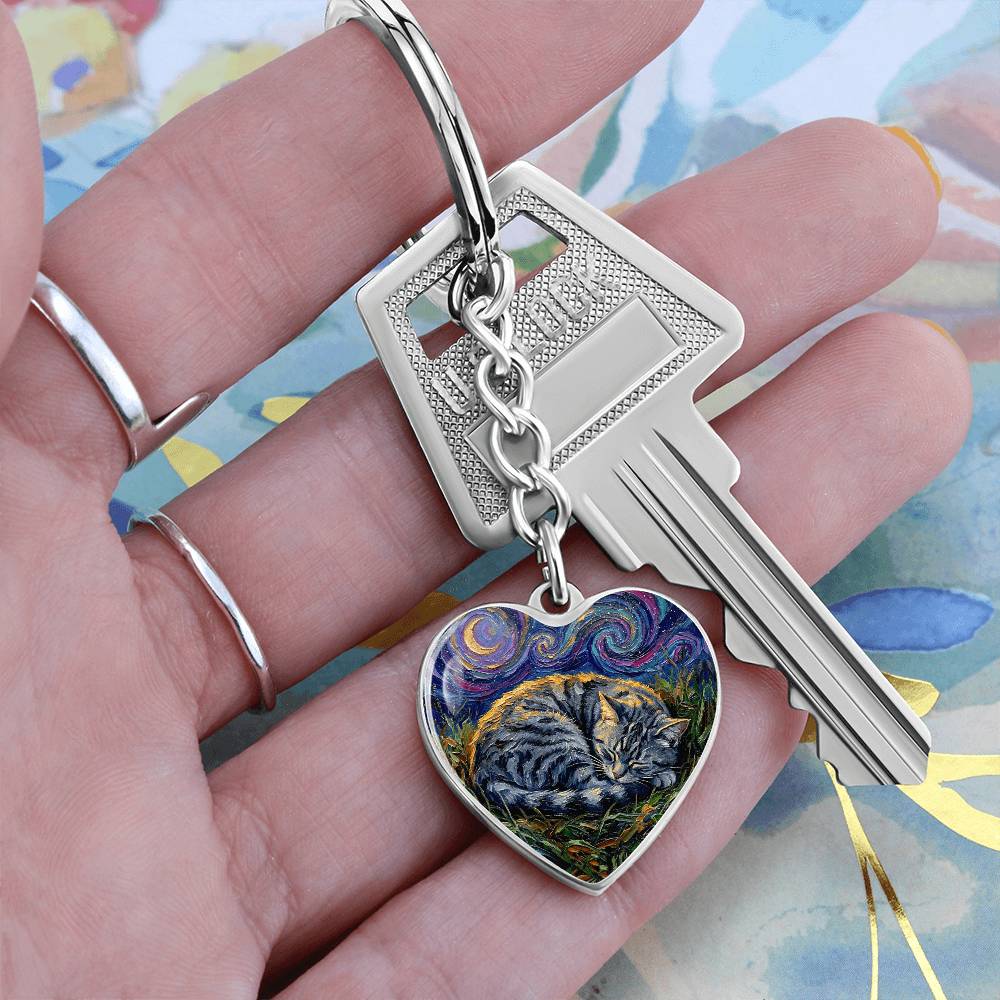 Sleepy American Shorthair Tabby Heart Keychain