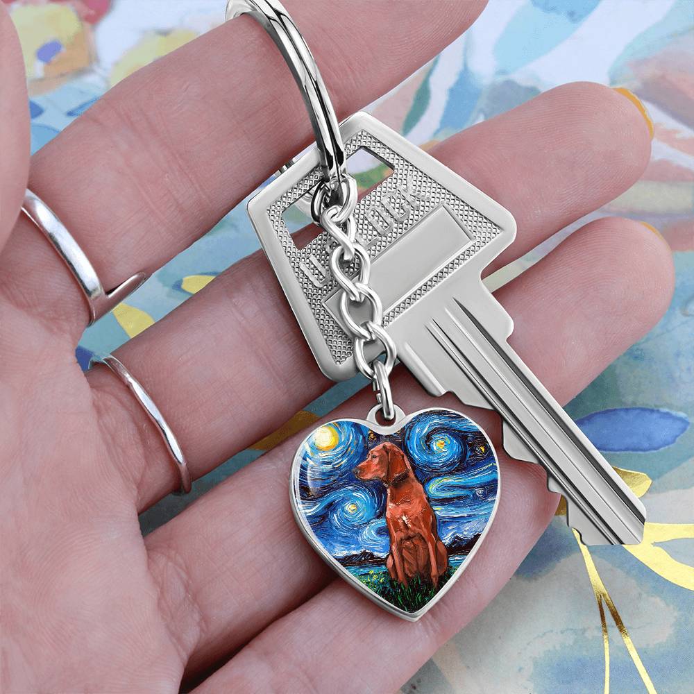 Redbone Coonhound Starry Night Heart Keychain