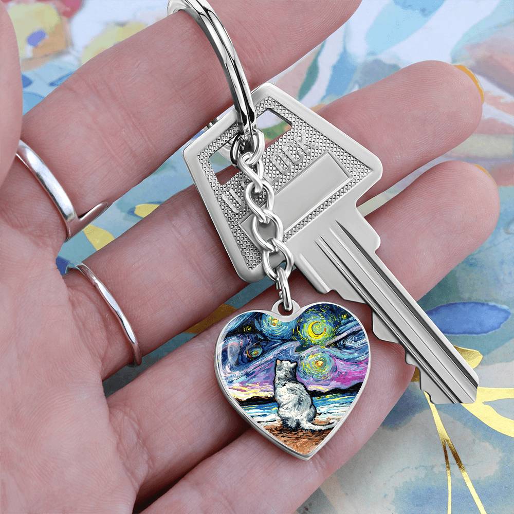 White Cat Night 2 Starry Night Heart Keychain