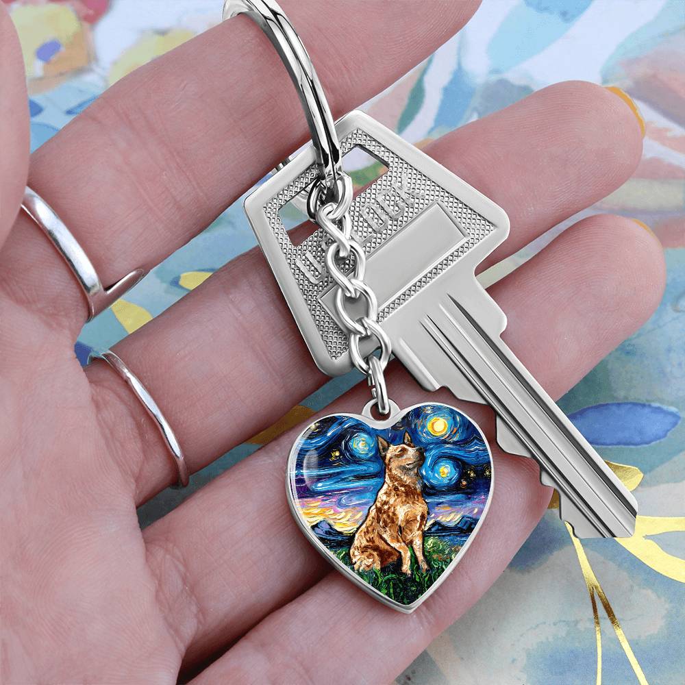 Red Heeler Starry Night Heart Keychain