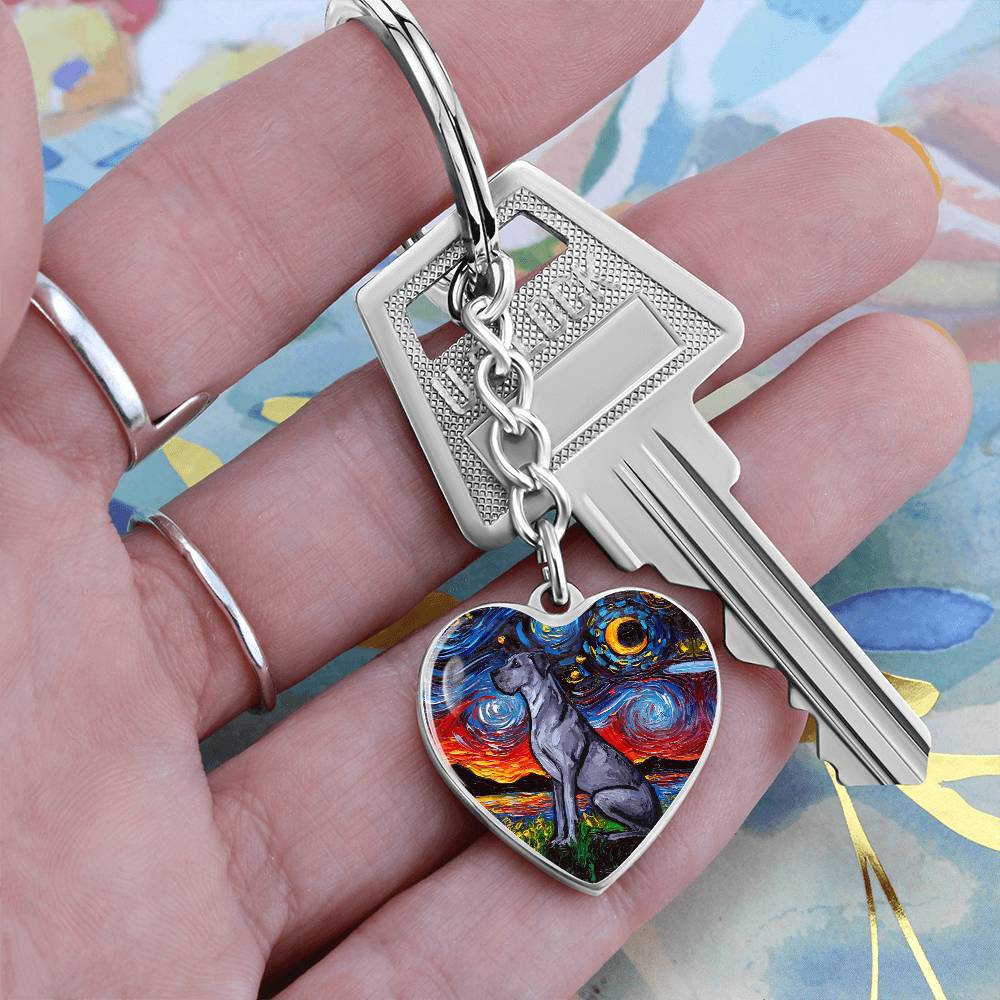 Blue Great Dane Starry Night Heart Keychain