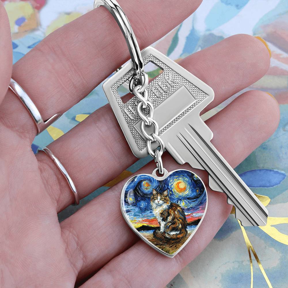 Calico Cat 2 Starry Night Heart Keychain