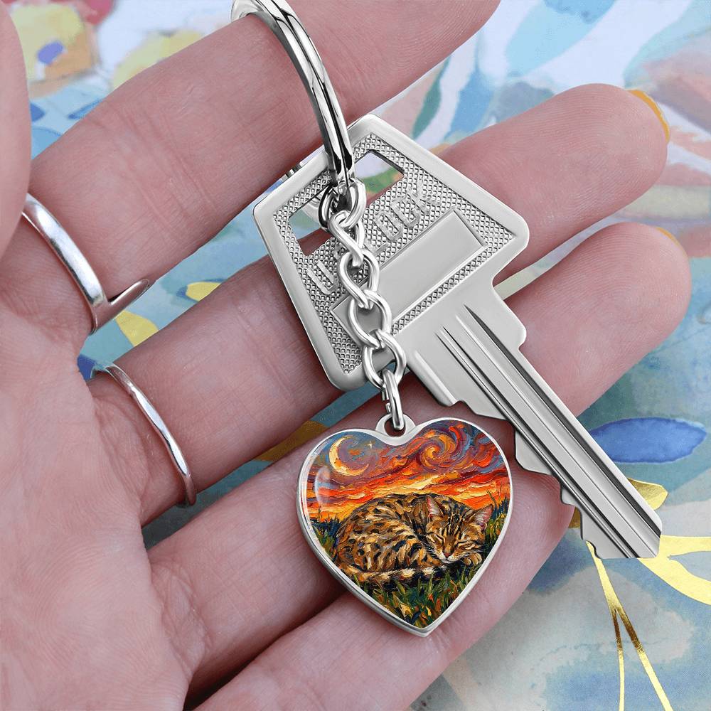 Sleepy Egyptian Mau Night Heart Keychain