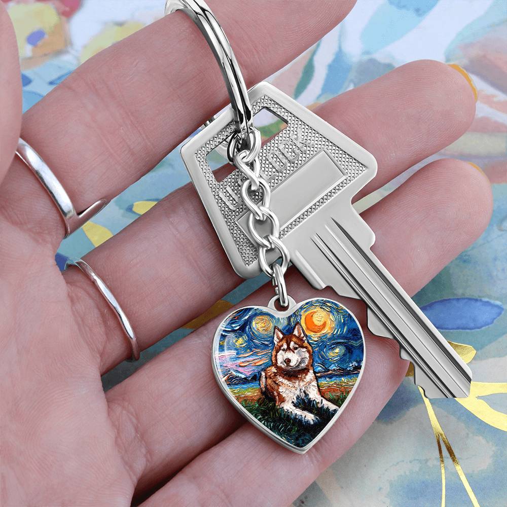 Red Husky Starry Night Heart Keychain