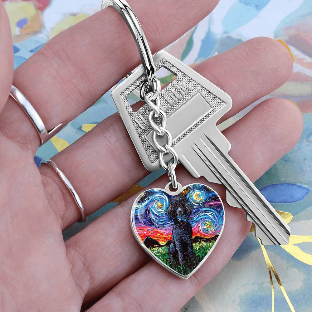 Black Poodle Starry Night Heart Keychain