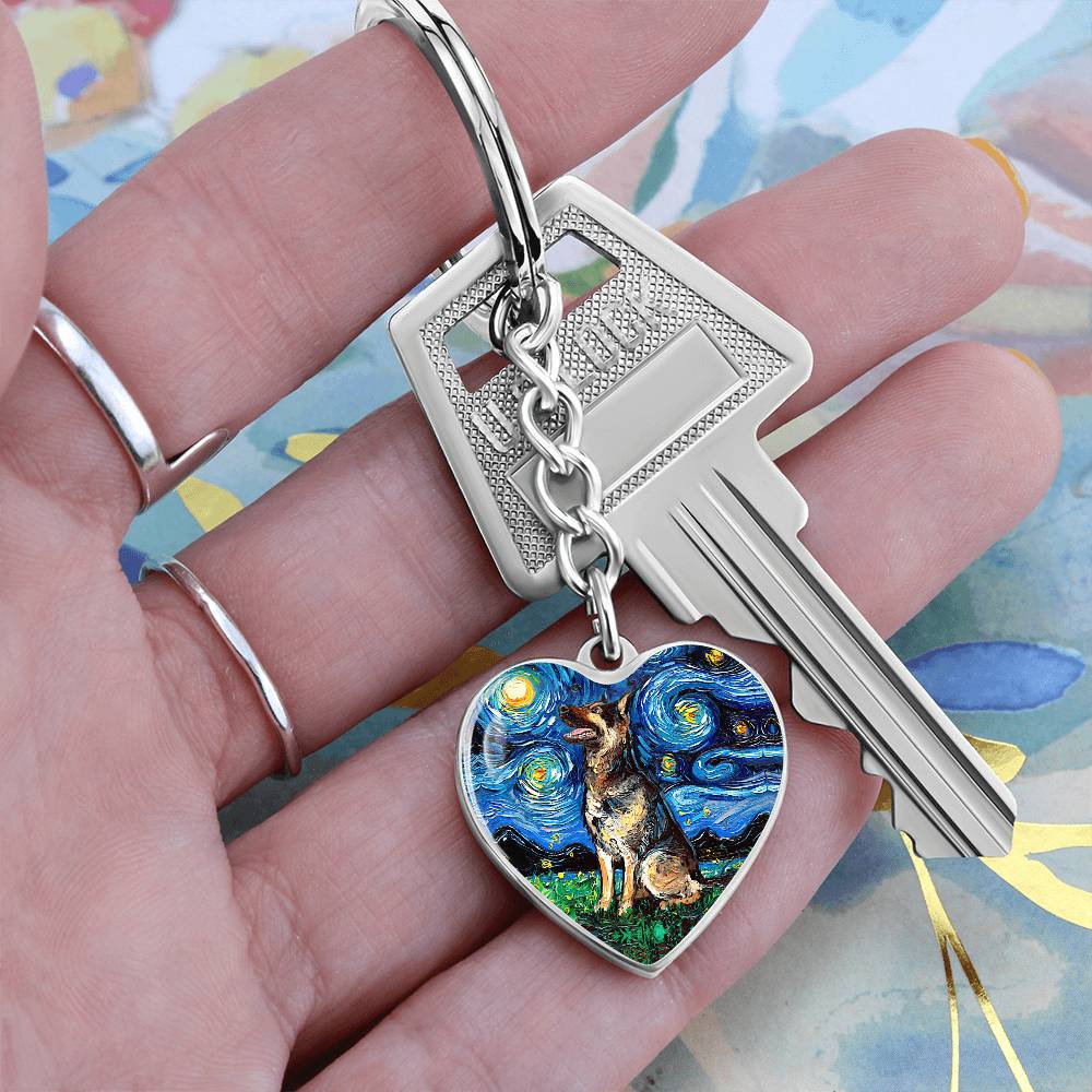 German Shepherd Starry Night Heart Keychain