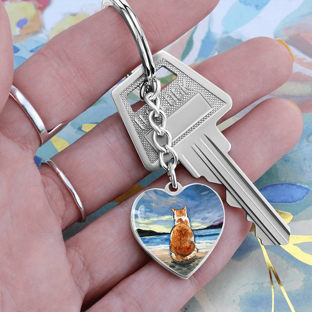 Beach Days - Orange and White Tabby Heart Keychain