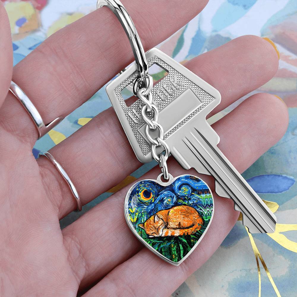 Sleeping Orange Tabby Cat Starry Night Heart Keychain