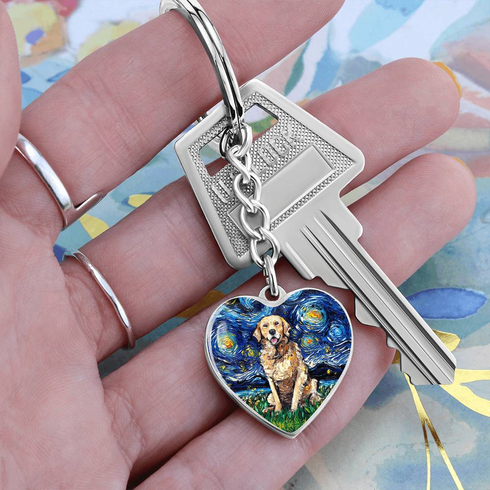 Golden Retriever Starry Night Heart Keychain