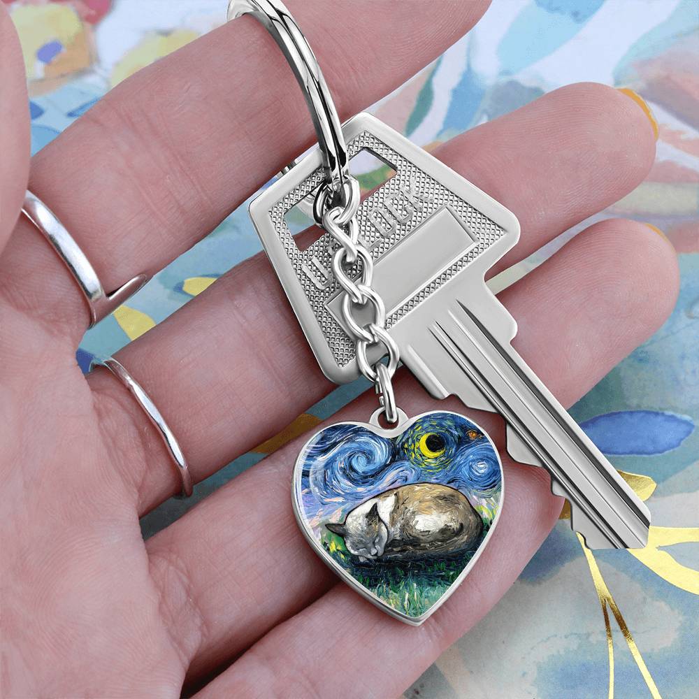 Sleeping Siamese Cat Starry Night Heart Keychain