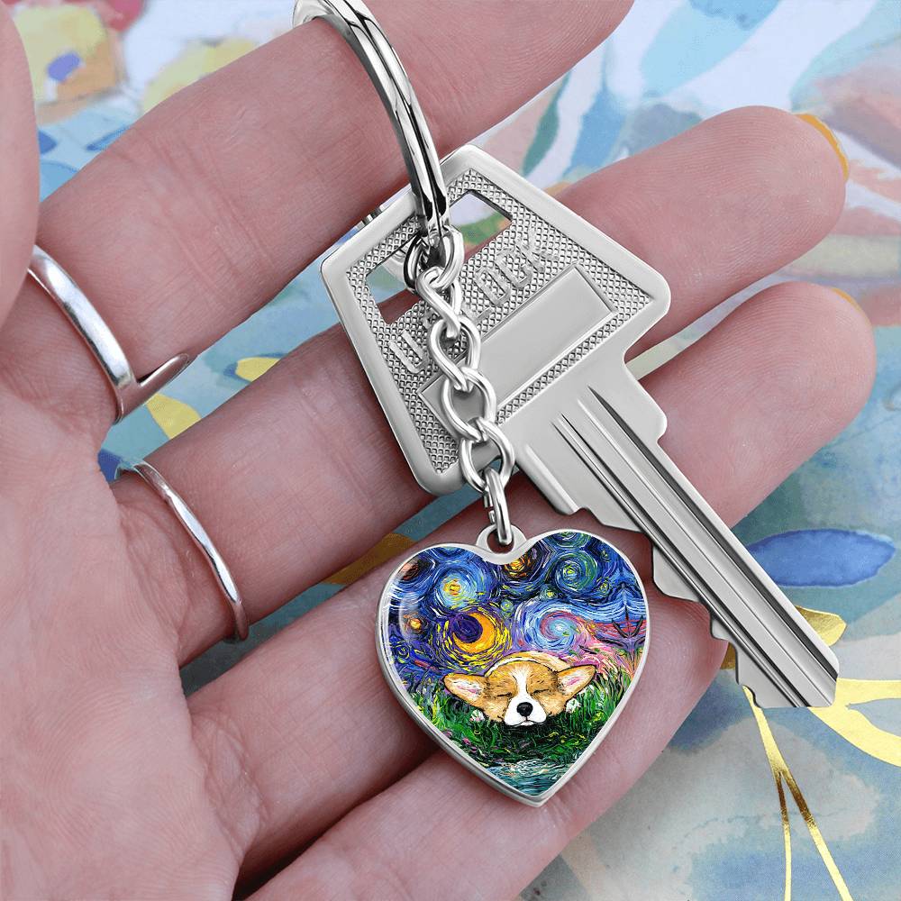 Sleeping Corgi Starry Night Heart Keychain