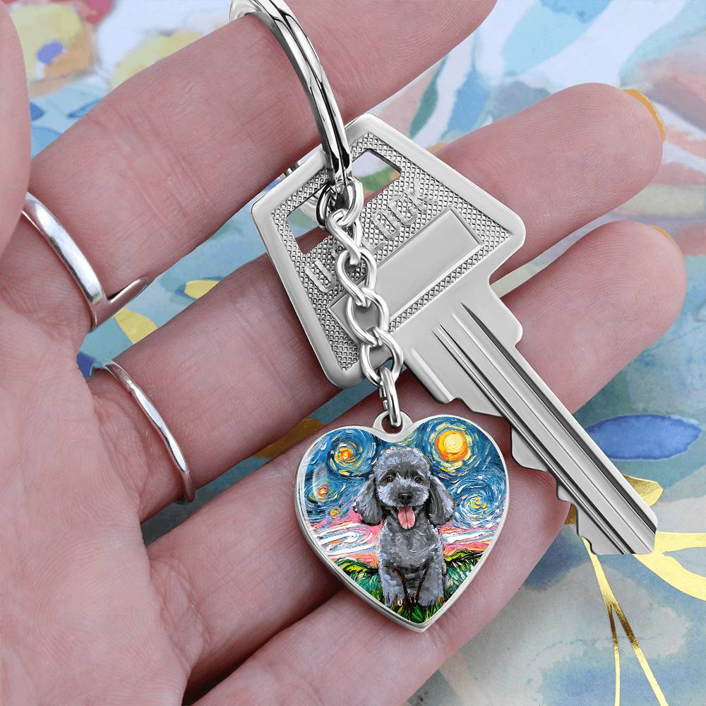 Silver Poodle Starry Night Heart Keychain