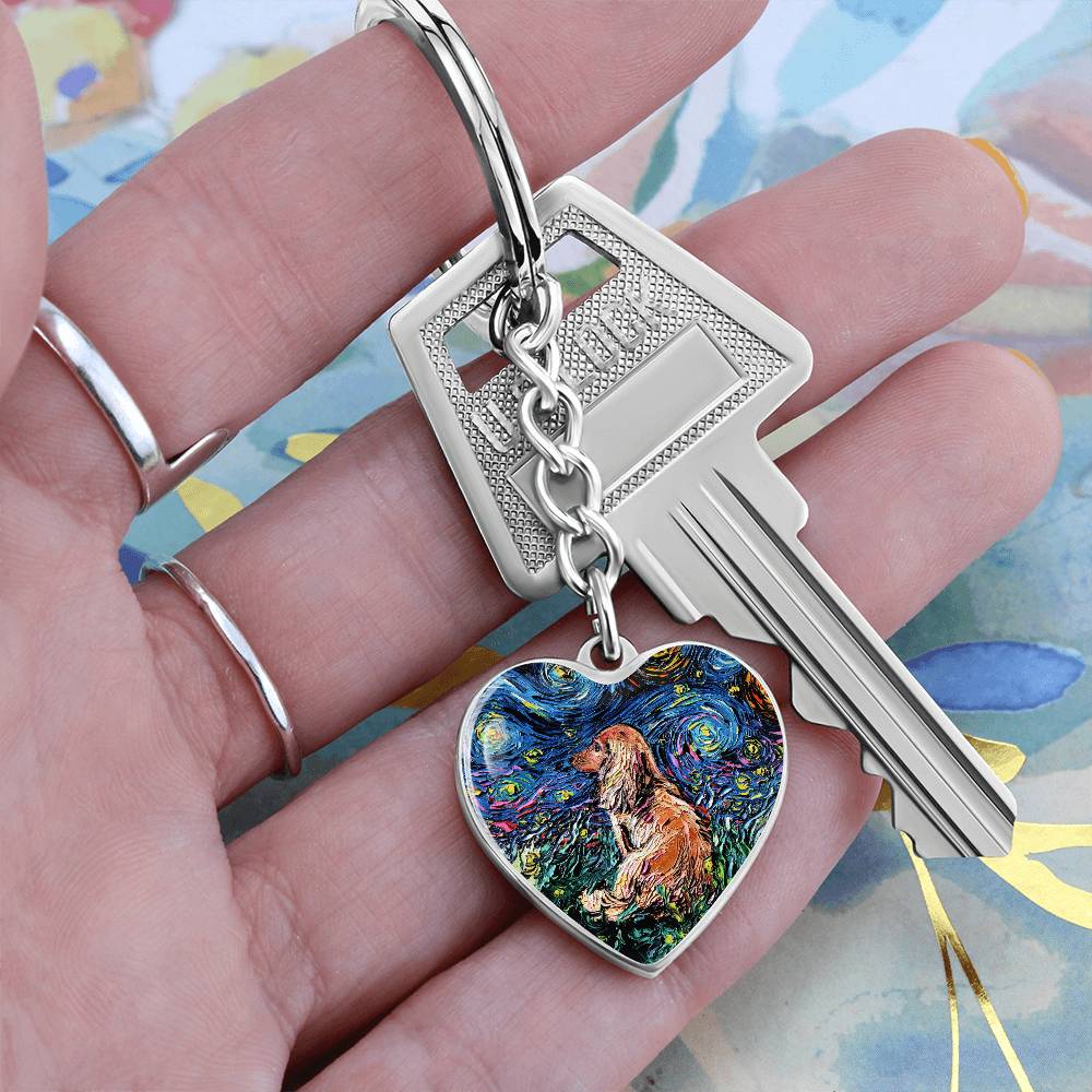 Long Hair Brown Dachshund Starry Night Heart Keychain