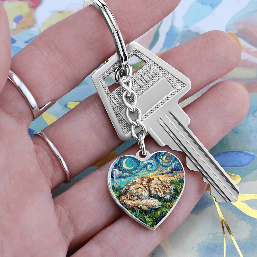 Sleepy Maine Coon Night Heart Keychain