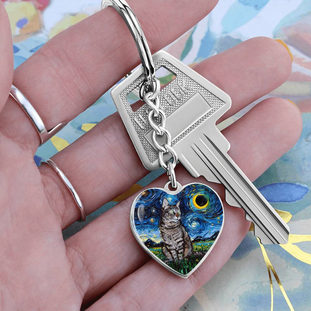 Tabby Cat Starry Night Heart Keychain