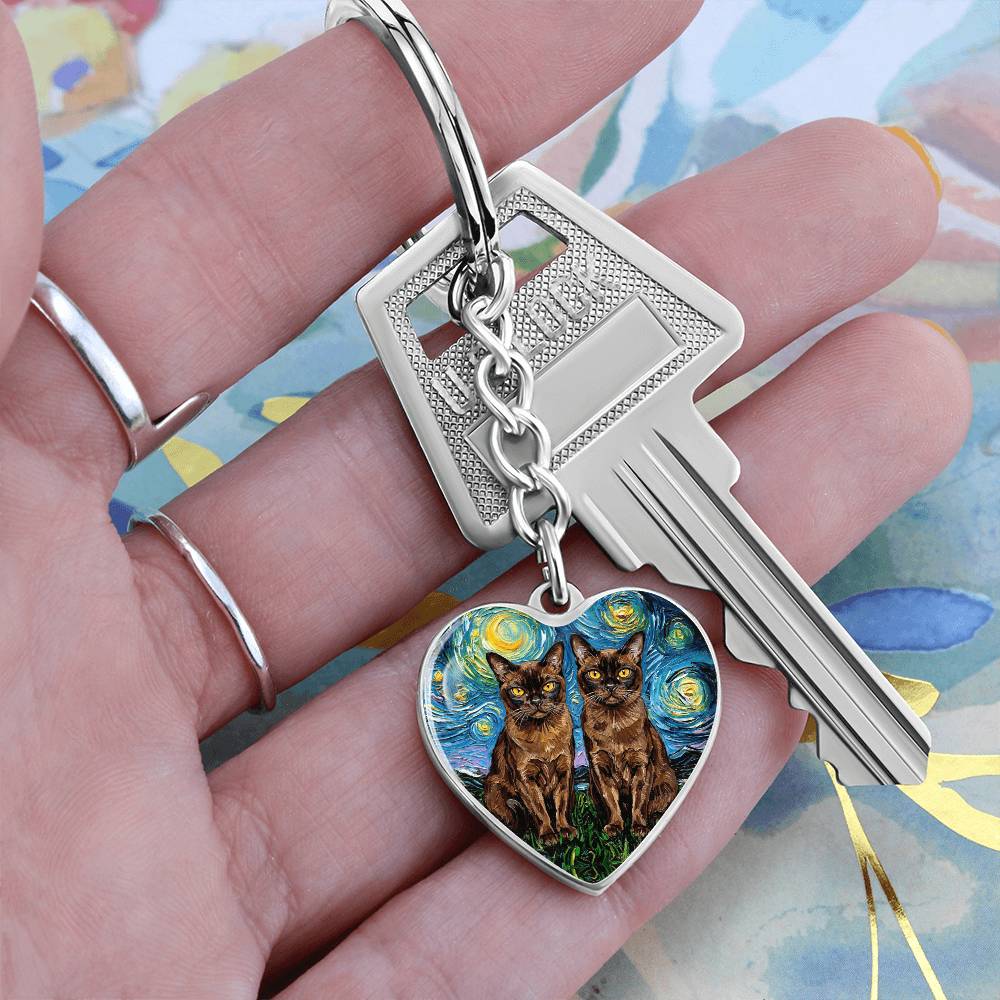 Burnese Cat Night Heart Keychain